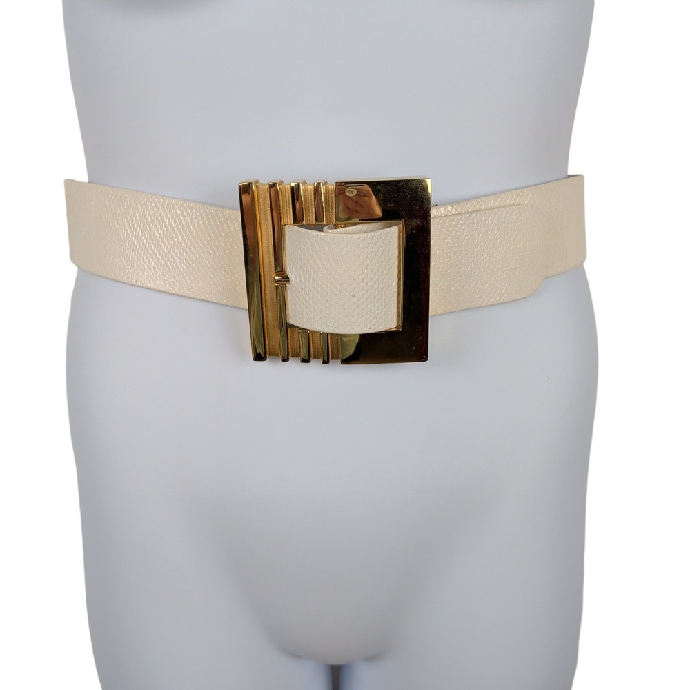 Vintage Alexis Kirk Cream Snakeskin Belt Gold Tone Architectural Buckle Wide 80s